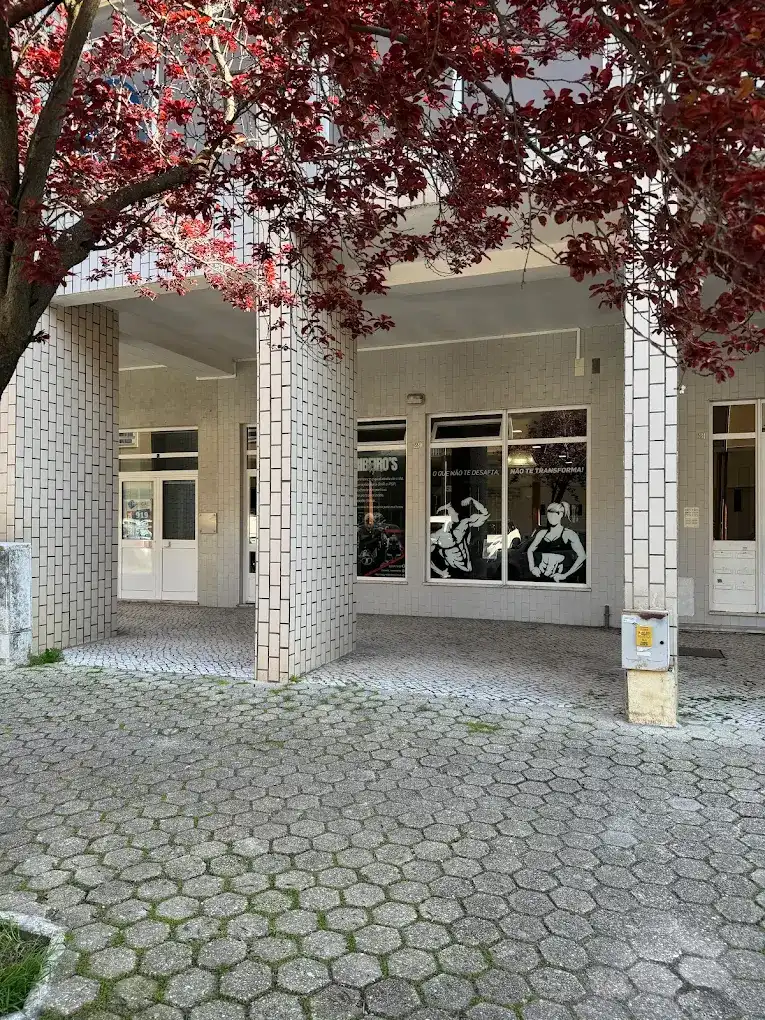 Entrada do Ribeiro's Gym sob a arcada da R. de Angola, com montras gráficas e calçada